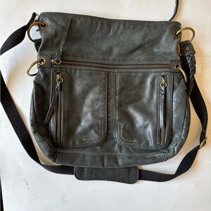 The Sak Genuine black Leather vintage crossbody foldover Shoulder Bag 14 x 14